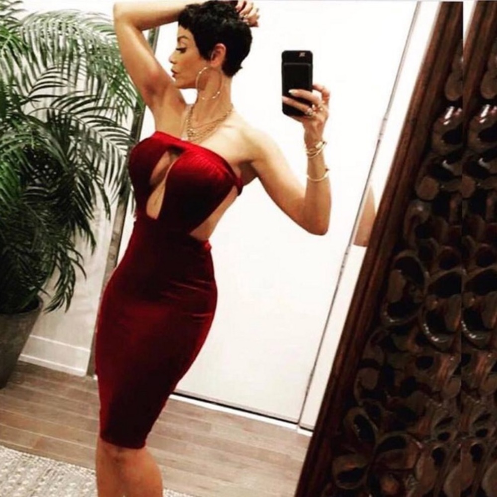 Velvet burgundy strapless midi